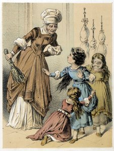 Illusztráció Franz Hoffmann „” Tales et Fables – Les 3 Gifts” című meséiből: egy nő bántalmazta a 3 lányt. századi kromolitográfiája. alkotó: German School