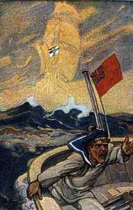 Illusztráció a német propagandáról a Jugend folyóiratból az 1. világháború idején. Egy angol tengerészt terrorizál a Birodalom lobogója alatt hajózó szellemhajó megjelenése. alkotó: German School