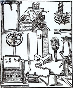 Kivégző-, büntetés- és kínzóeszközök, illusztráció a Bamberger Halsgerichtből, 1507 alkotó: German School