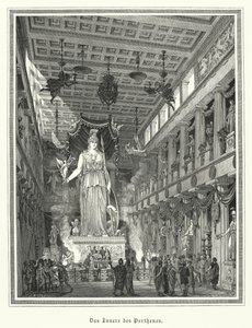 A Parthenon belseje, Athén, Athéné görög istennő kolosszális szobrával (metszet) alkotó: German School