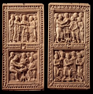 A Dagulf-zsoltár elefántcsont kötései: Dávid, Szent Jeromos. Nagy Károly rendelte meg Dagul (vagy Dagulfe) írnoknak I. Adrien pápának. A 8. század vége. Aix la Chapelle-ből. Párizs, Louvre Múzeum alkotó: German School