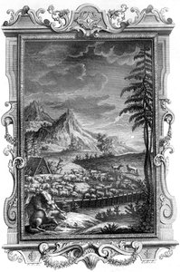 Jákob, a hűséges pásztor, védi juhnyáját a farkasok támadásától, 1731 (rézmetszet) alkotó: German School