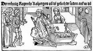 Zsidó pénzkölcsönző családjával ügyfeleket fogad, 1491 (fametszet) alkotó: German School