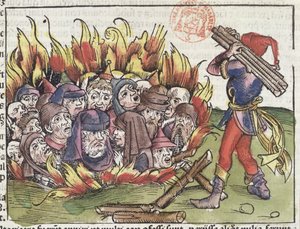 Máglyán elégetett zsidók Hartmann Schedel (1440-1514) Nürnbergi Krónikájából, 1493 (színes fametszet) alkotó: German School