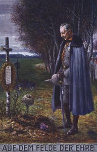 II. Vilmos császár lerója tiszteletét egy német katona sírjánál (színes litográfia) alkotó: German School