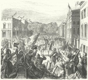 IV. Frigyes Vilmos porosz király a berlini egyetem mellett utazott, hogy részt vegyen a zavargások során elesett civilek tömeges temetésén, 1848. március 21-én (metszet) alkotó: German School