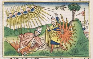 Leviticus 10 1-2 Nádáb és Abihu szentségtelen tüzet ajánl fel és meghal, a nürnbergi Bibliából (Biblia Sacra Germanaica) (színes fametszet) alkotó: German School