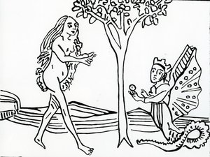 A szárnyas és koronás, kígyófarkú Lilith az 1470-es eredeti után a „Speculum Humanae Salvationis” almát kínálja Évának. alkotó: German School