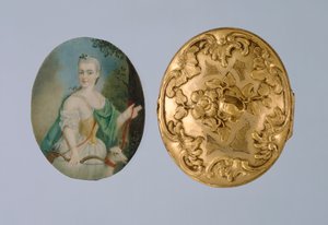 Medál Wilhelmine miniatűrjével, mint Diana, 18. század közepe (aranyozott sárgaréz, elefántcsont és üveg)