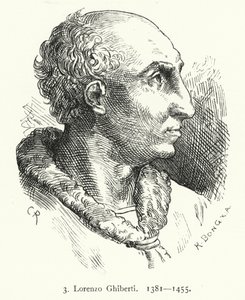 Lorenzo Ghiberti, firenzei kora reneszánsz művész, aki a firenzei keresztelőkápolna bronzajtóit tervezte (metszet) alkotó: German School