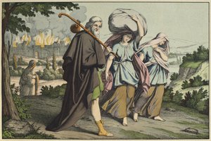 Lót és lányai menekülnek, illusztráció a LAncien Testamentből, kiadó: Jakob Ferdinand Schreiber, Esslingen (színes metszet) alkotó: German School