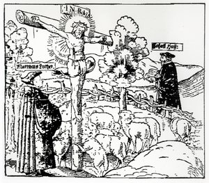 Luther (1483-1546) és Husz (1369-1415) Krisztussal a bárány akolban, 1520-21