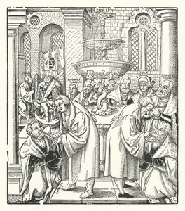 Luther Márton és Jan Husz szentáldozást szolgáltat a szász királyi családnak (metszet) alkotó: German School