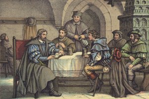 Luther Márton a diákokkal beszélget a jénai Gasthof der Barenben (chromolitho) alkotó: German School