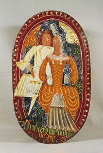 Férfit és nőt ábrázoló marcipándoboz, 1660 körül (festett fa)