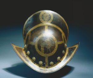 Morion, I. Keresztény szász választófejedelem Állami Gárdája, Nürnberg, 1580-91 körül (maratott és aranyozott rozsdaszín acél) alkotó: German School