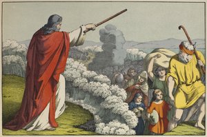 Mózes megosztja a Vörös-tenger vizét, illusztráció a LAncien Testamentből, kiadó: Jakob Ferdinand Schreiber, Esslingen (színes metszet) alkotó: German School