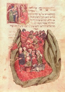 Mózes átvezeti Izrael gyermekeit a Vörös-tengeren egy zsidó imakönyvből, Hamburg, 1427 (kézirat) alkotó: German School