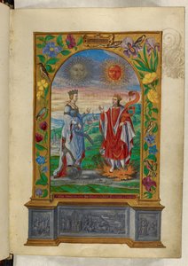 Ms Harley 3469 f.10 Miniatűr egy királyról és királynőről tekercsekkel, Salomon Trismosin „Splendor Solis” című művéből alkotó: German School