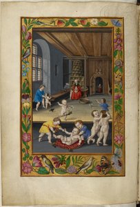 Ms Harley 3469, f.31v Gyerekek játszanak a szobában, az Ötödik traktátus, Salomon Trismosin Splendor Solis-jából alkotó: German School