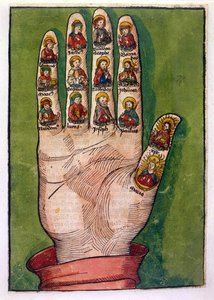 Svéd Bridget misztikus keze Krisztust, Szűz Máriát, apostolokat és másokat ábrázol, 1491 (kézzel színezett metszet) alkotó: German School