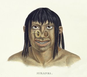 A miranha törzs bennszülött embere, orral díszítve, Johann Baptist von Spix (1781-1826) és Karl Friedrich Philipp Martius (1794-1868) egy brazil utazás atlaszából, 1835-50 körül (col.) alkotó: German School