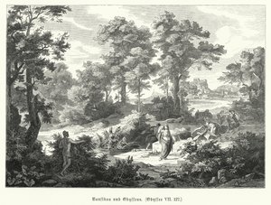 Nausicaa és Odüsszeusz, jelenet Homérosz Odüsszeiájából (metszet) alkotó: German School