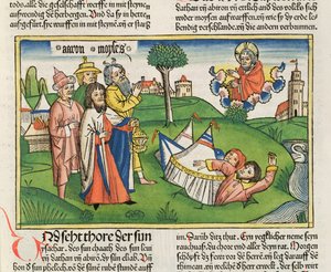 16 32 A Föld elnyeli a lázadókat, Dátánt és Abiramot, a Nürnbergi Bibliából (Biblia Sacra Germanaica) (színes fametszet)