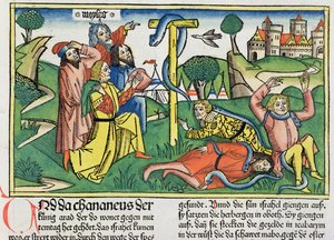 21. szám 4-9 Mérgező kígyók harapják meg a lázadó izraelitákat, a Nürnbergi Bibliából (Biblia Sacra Germanaica) (színes fametszet) alkotó: German School