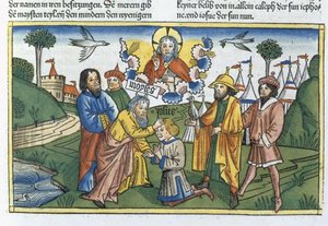4. szám 27 18-23 Mózes Joshuára teszi a kezét, a Nürnbergi Bibliából (Biblia Sacra Germanaica) (színes fametszet) alkotó: German School