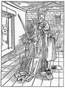 A törvény nagy törekvőiről a semmiért, illusztráció Alexander Barclay „A bolondok hajója” angol fordításából, egy 1874-ben megjelent kiadásból alkotó: German School