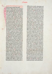Johannes Gutenberg (1400-1468 körül) és Peter Schoeffer (1425-1502) Mainzban, 1454-56 (nyomtatott papír) által a Gutenberg-bibliából származó Genezis könyvének nyitóoldala alkotó: German School