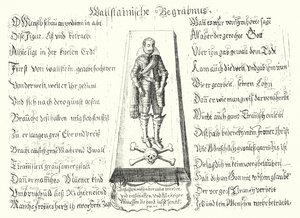A meggyilkolt cseh katonai vezető, Albrecht von Wallenstein emlékére kiadott füzet (metszet) alkotó: German School