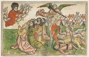 Izrael népét hamis istenek imádásáért megbüntették 1478 körül, a Koberger Bibliából, Nürnberg, 1483 (kézzel színezett fametszet) alkotó: German School