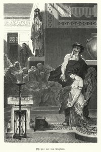 Phryne, az ógörög udvarhölgye, istentelenség miatt bíróság elé állítják, Kr.e. IV. század (metszet) alkotó: German School