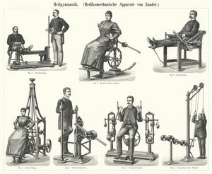 Fizioterápia: Gustav Zander svéd orvos és ortopéd által feltalált mechanoterápiás készülék (metszet) alkotó: German School