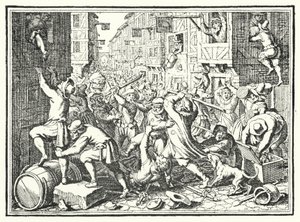 A Judengasse, a frankfurti zsidó gettó kifosztása a Fettmilch-felkelésben, 1614 alkotó: German School