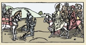 I. Leon pápa találkozik Attilával és az Arretéval – Barbár inváziók – A Voragine-i Jacobus (James) (1228-1298) „Leben der Heiligen - sommerteil” (A Szentek könyve) metszete. Lübeck 1488. alkotó: German School