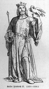 II. Hohenstaufen Frigyes (1194-1250), a Szent Római Birodalom királyának portréja. Richard Roth „Kaiser, Konig und Papft” című metszete alkotó: German School