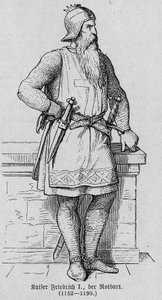 Frederic Barberousseként ismert I. Frigyes Hauhenstaufen (1122-1190), német római császár portréja. Richard Roth „Kaiser, Konig und Papft” című metszete alkotó: German School