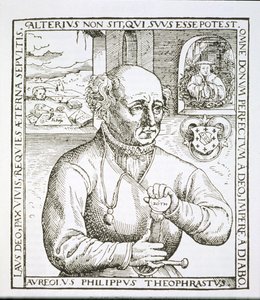 Theophrastus Paracelsus (1493-1541) portréja, Astronomica et Astrologica Pouscula, Köln, 1567 című könyvének illusztrációjának másolata, a 19. század végén megjelent mágiatörténetben használt (woodc) alkotó: German School