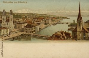 Képeslap, amely Zürich városának általános képét ábrázolja alkotó: German School