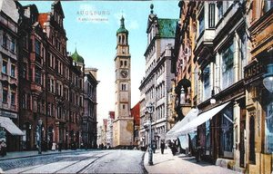 Az augsburgi Karolinenstrasse-t ábrázoló képeslap, 1910 körül (színes fotó) alkotó: German School