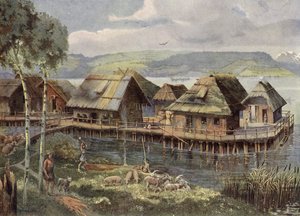 Őskori európai tavi falu (színes litográfia) alkotó: German School