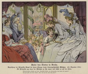 Louise Mecklenburg-Strelitz hercegnő megcsókolja az egyik Unter Den Linden-ben ülő lányt, hogy köszöntse Berlinbe érkezését III. Frigyes porosz koronaherceggel kötött házassága alkalmából, 1793. december 22-én (színes litó) alkotó: German School
