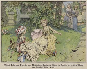 Louise és Friederike Mecklenburg-Strelitz hercegnők a Broich-kastély fái alatt árnyékban gyermekként alkotó: German School