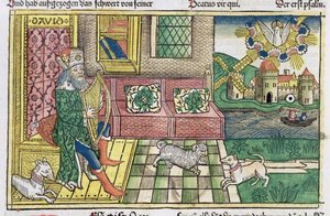 Zsoltárok: Dávid király lírán játszó előlapja, a Nürnbergi Bibliából (Biblia Sacra Germanaica) (színes fametszet) alkotó: German School