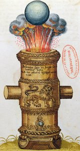 Felemelt ágyú, amely egy ágyúgolyót tüzel, a The Art of Artillery-ből, 1570 (wc) alkotó: German School