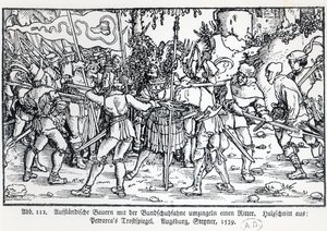 Lázadó parasztok vesznek körül egy lovagot, Petrarch Trostspiegel című könyvének illusztrációja alapján, 1539 alkotó: German School