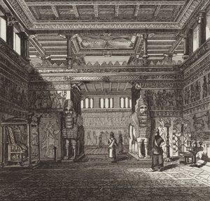 Egy asszír király termének újjáépítése. Illusztráció a Bilder-Atlashoz (metszet) alkotó: German School